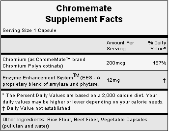 The Nutritional info for Hammer Nutrition's Chromemate supplement.