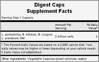 The nutritional info for Hammer Nutrition's Digest Caps.