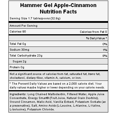 The nutritional info for Hammer Nutrition's Apple Cinnamon Gel.