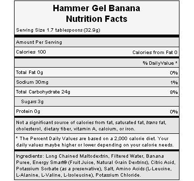The nutritional info for Hammer Nutrition's Banana Gel.
