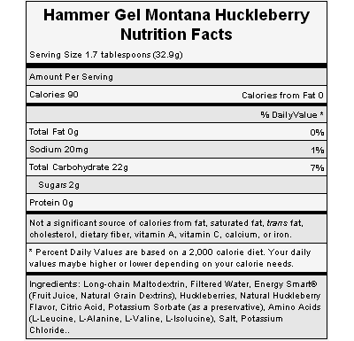 The nutritional info for Hammer Nutrition's Montana Huckleberry Gel.