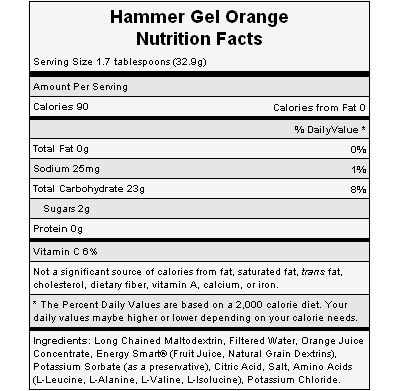 The nutritional info for Hammer Nutrition's Orange Gel.