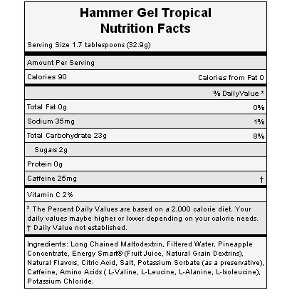 The nutritional info for Hammer Nutrition's Tropical Gel.