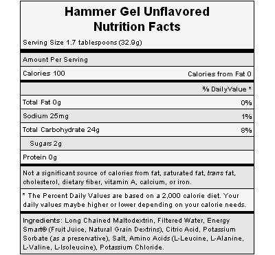 The nutritional info for Hammer Nutrition's Unflavored Gel.