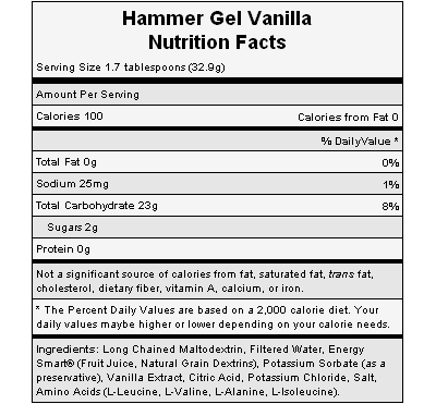 The nutritional info for Hammer Nutrition's Vanilla Gel.