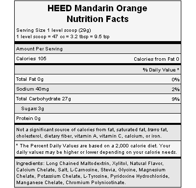 The nutritional info for Hammer Nutrition's Mandarin Orange Heed.