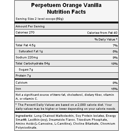 The nutritional info for Hammer Nutrition's Orange-Vanilla Perpetuem.