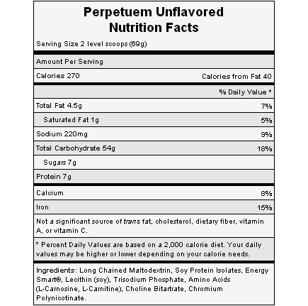 The nutritional info for Hammer Nutrition's Unflavored Perpetuem.
