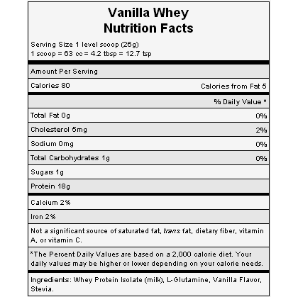 The nutritional info for Hammer Nutrition's Vanilla Whey Protein.