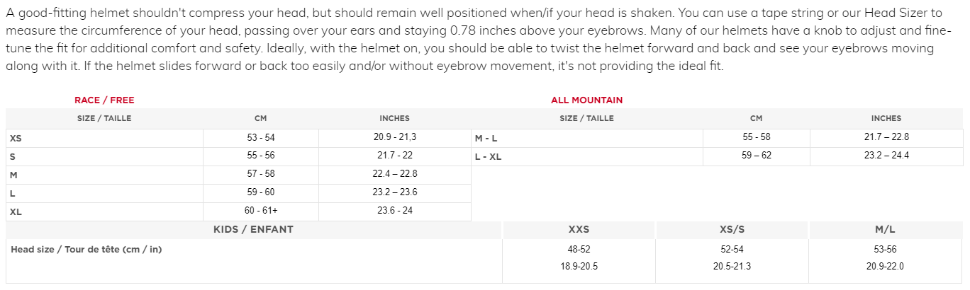 Leatt helmet sizing chart