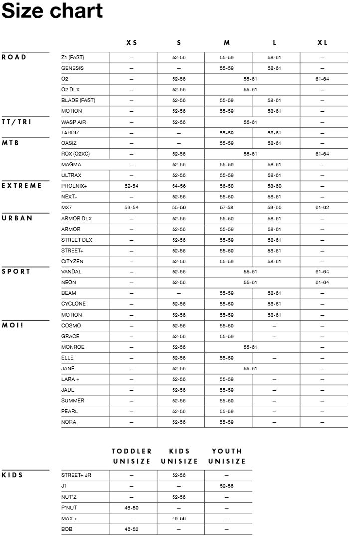 Lazer Cycling Helmet Size Chart