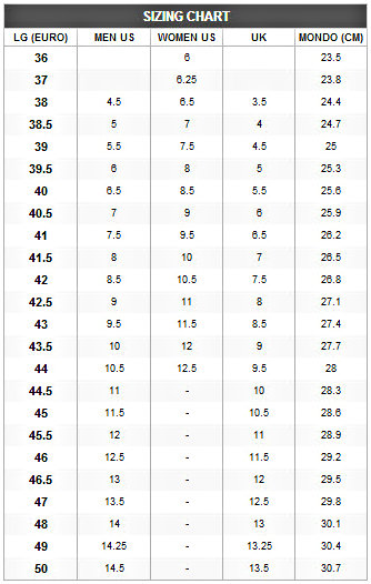 Louis Garneau Cycling Shoes Size Chart