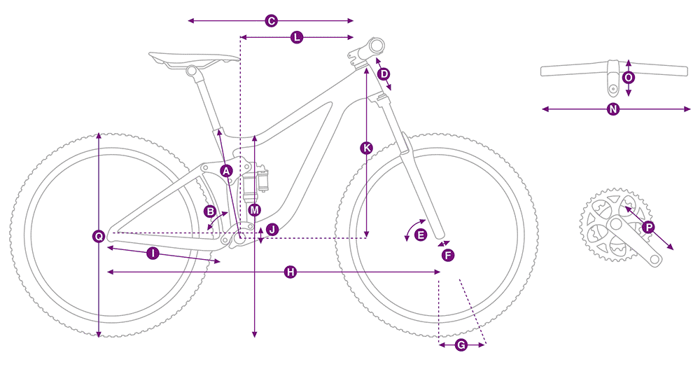 bike frame with labeled dimensions