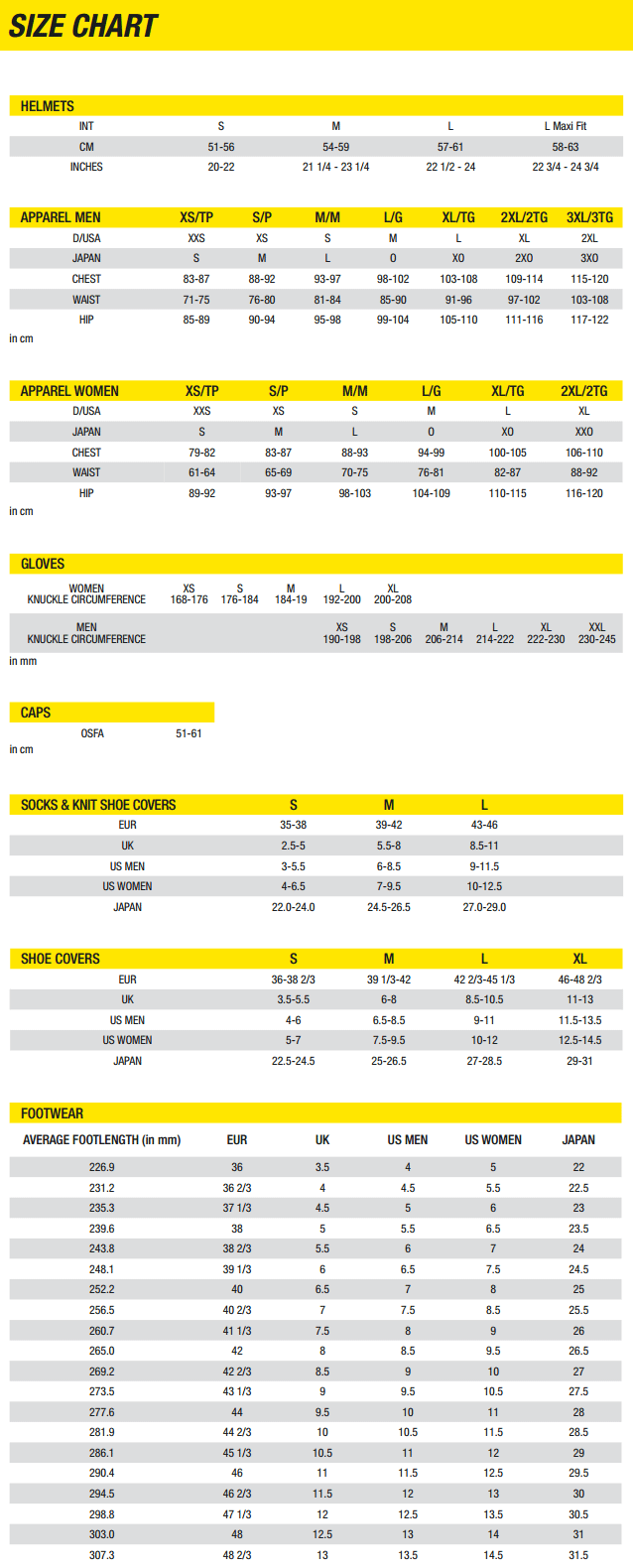 Mavic Apparel Size Chart