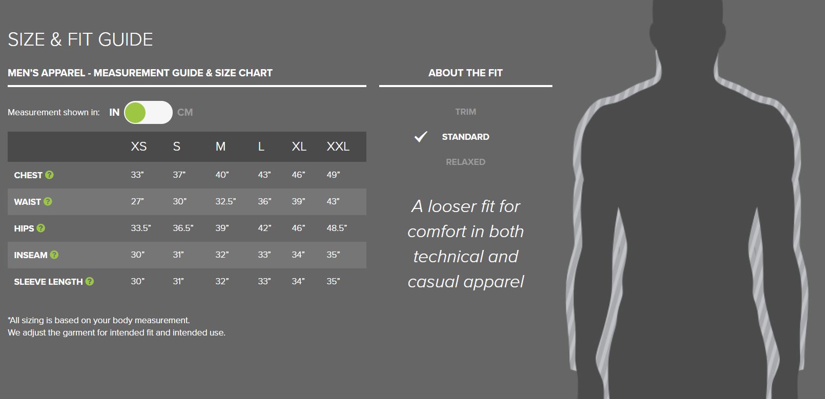 Outdoor Research men's apparel sizing chart
