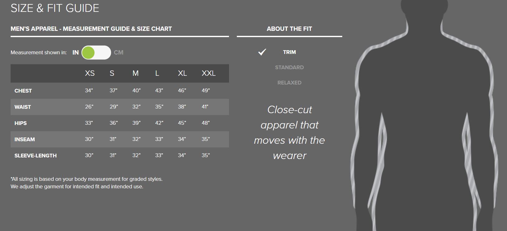 Outdoor Research men's apparel sizing chart