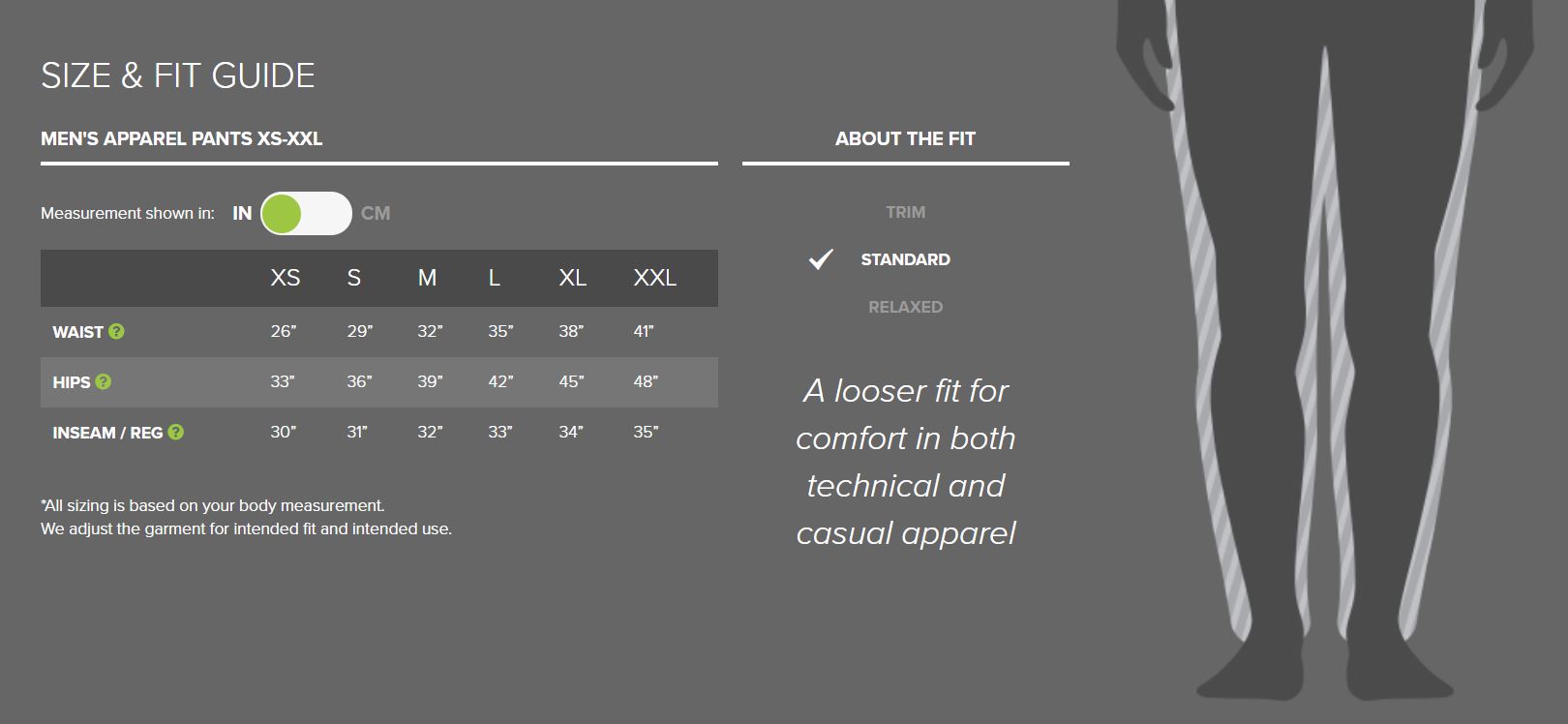 Outdoor Research men's pants sizing chart