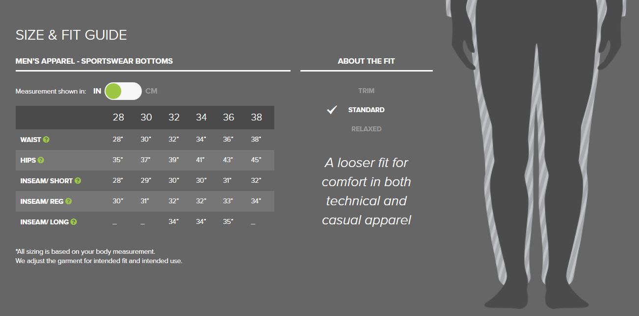 Outdoor Research men's pants sizing chart