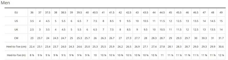 Bontrager shoe sizing chart