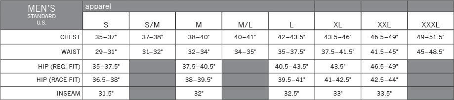 Pearl Izumi Bib Shorts Sizing Chart