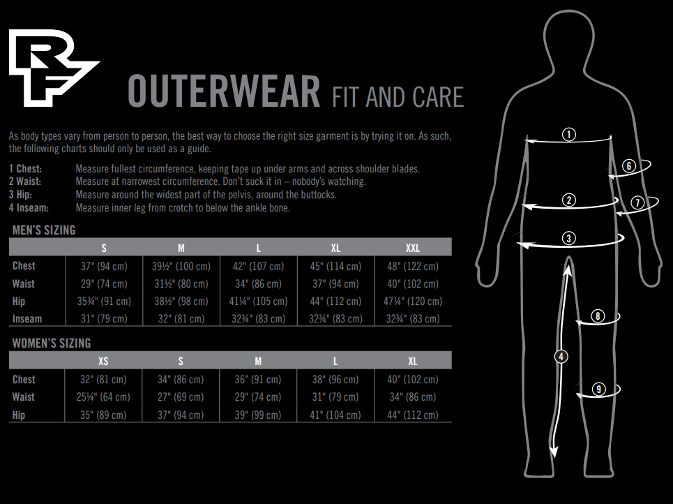 Race Face outerwear sizing chart