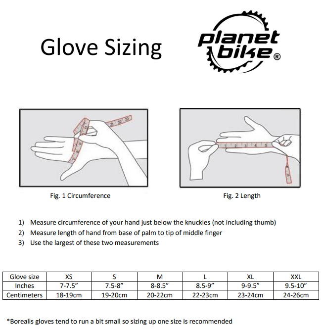 Planet Bike glove sizing chart