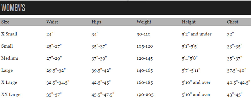 Primal Wear sizing chart