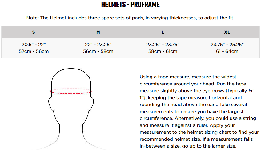 Fox Proframe Helmet Sizing Chart