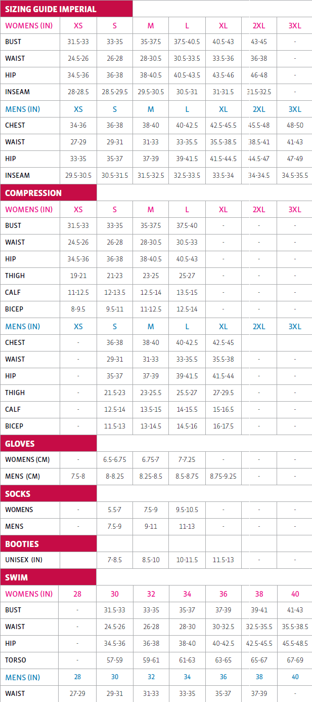 Sugoi Shorts Sizing Chart