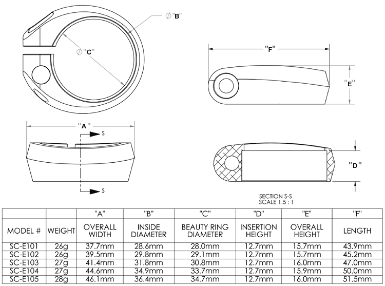 Thomson Seatpost Collar specifications chart.