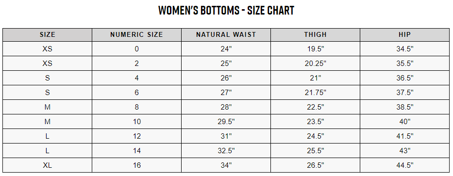 Fox women's bottoms sizing chart