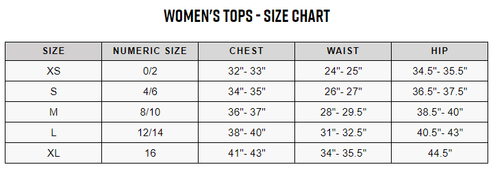 Fox women's tops sizing chart