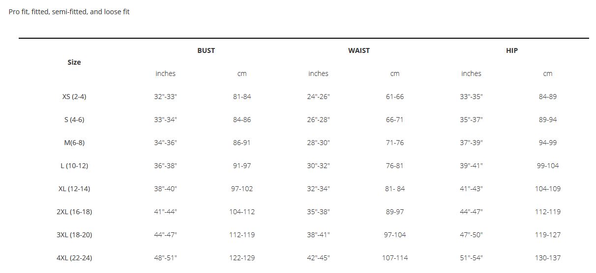 Bontrager Women's apparel sizing guide