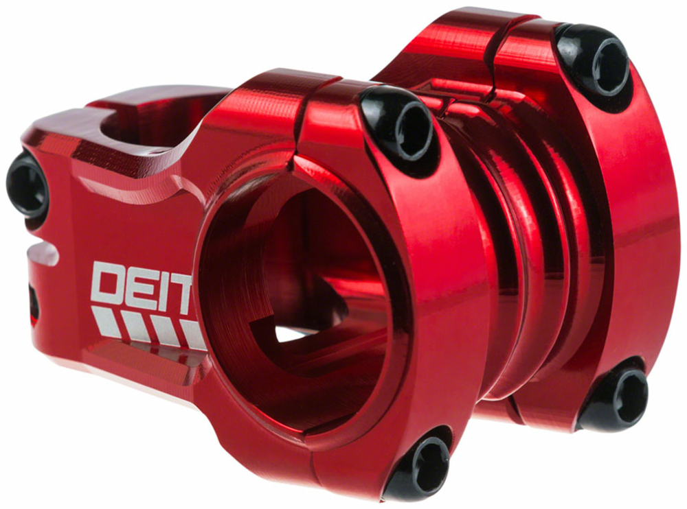 Deity Components Copperhead Stem Clamp Diameter | Color | Length | Rise | Steerer Diameter: 31.8mm | Red | 35mm | +/-0° | 1-1/8-inch