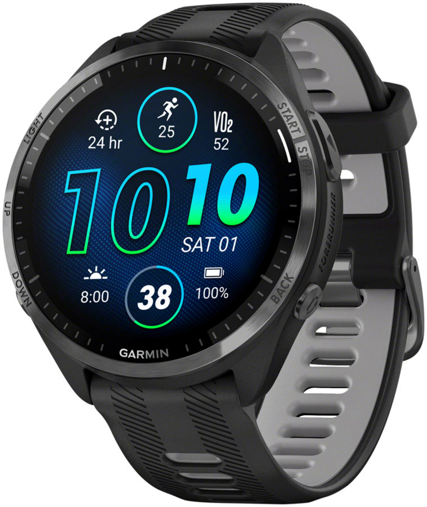 Garmin Forerunner 965 Carbon Gray DLC Titanium Bezel with Black Case and Black/Powder Gray Silicone Band