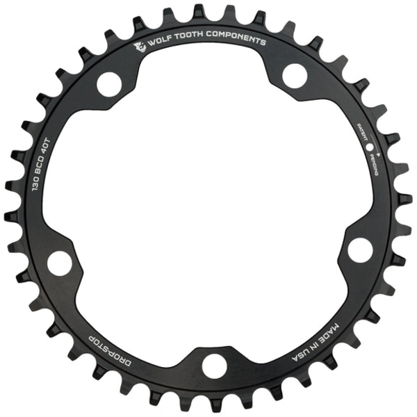 Wolf Tooth 130 BCD Gravel / CX / Road Chainrings Color | Mount Type | Size | Tooth Profile: Black | 130 BCD 5-Bolt | 40T | Drop-Stop B