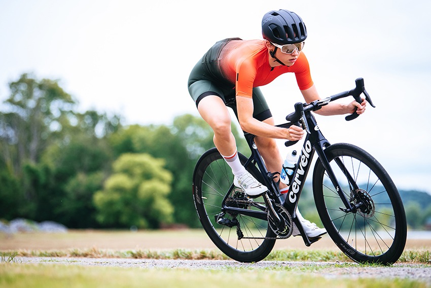 Road rider cornering on a Cervelo.