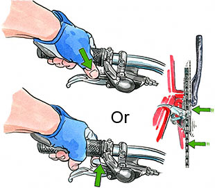 Pushing (thumb) or pulling (index finger) on the inset lever shifts the bike into easier-pedaling chainrings.