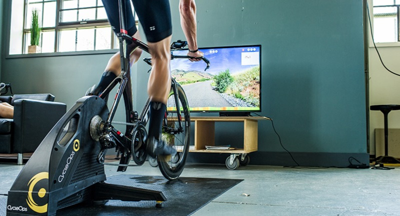 Cyclist training on a direct drive trainer.