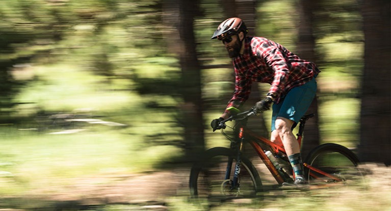 Mountain biker riding in the woods.