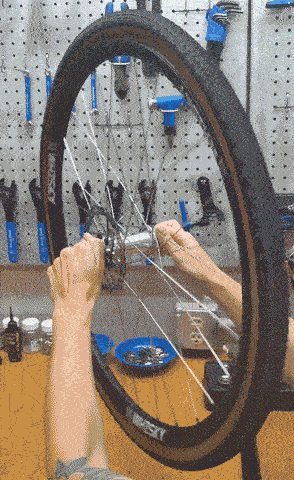 A mechanic spins a bike wheel so that the tubeless sealant coats the inside of the tire.
