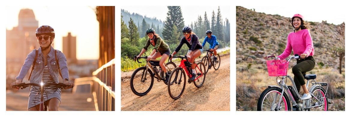 recreational cyclist, group riding gravel bikes and woman riding electra townie go