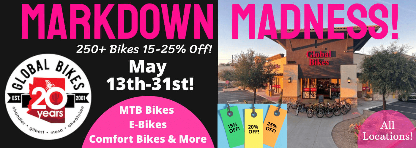 Global Bikes Markdown Madness bike sale from May 13th - 31st, 15% to 25% off