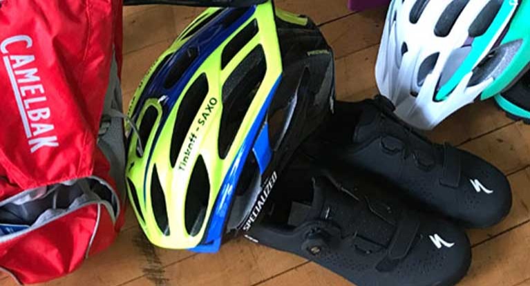 Camelbak hydration bag, Specialized shoes and helmets