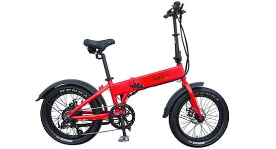 A red Biria electric folding bike 
