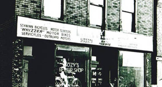 Old Photo of Kozy's Bike Shop circa 1940 with Bike in Window