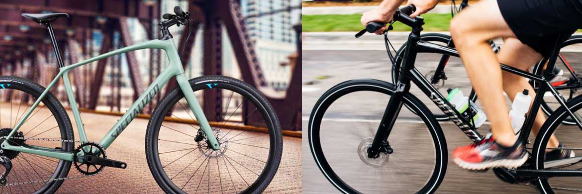 A specialized Sirrus X Bike in Green on a bridge & a woman riding a black Specialized Sirrus bike on the road