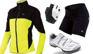 Women's Cycling Shoe, Shorts, Glove and Bike Jacket