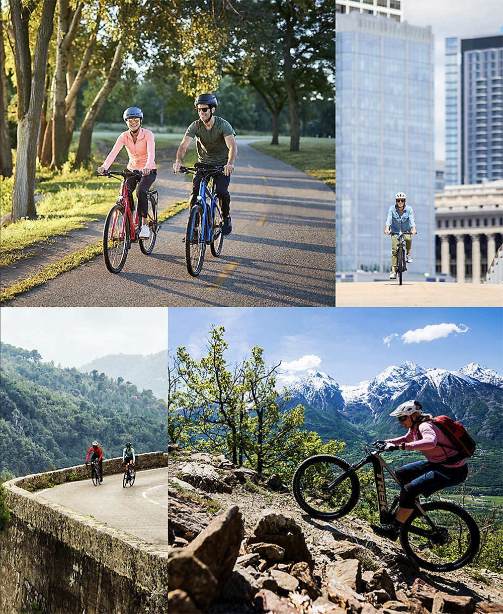 image collage of riders riding e-bikes