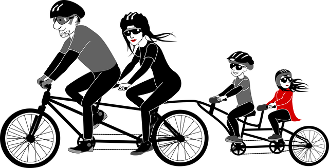 Cartoon family riding a bicycle